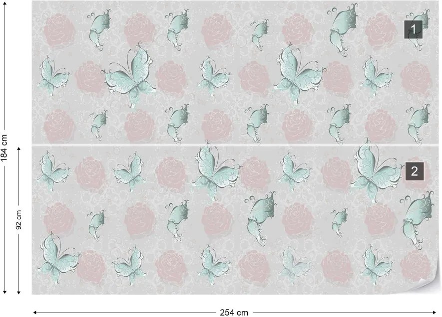 GLIX Fototapeta - Butterflies And Roses Pattern Vliesová tapeta  - 254x184 cm