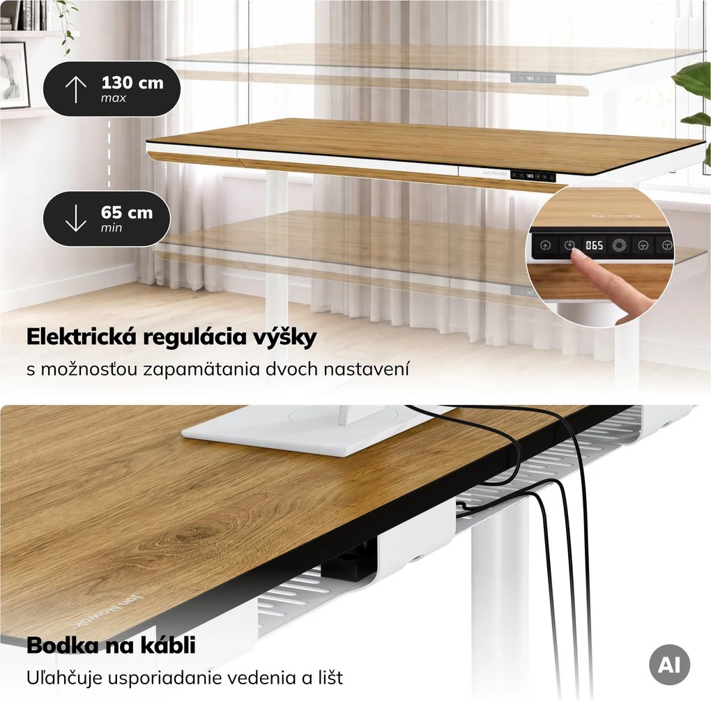 Elektrický písací stôl sit-stand so zásuvkou a bezdrôtovou nabíjačkou Qi biely/zlatý dub, 1400 mm: ELLIS