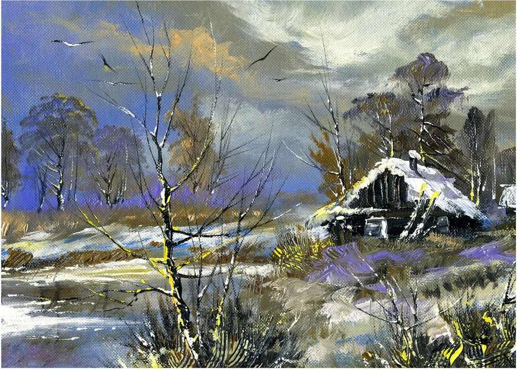 Obraz chalúpky v zimnej krajine, olejomaľba (70x50 cm)