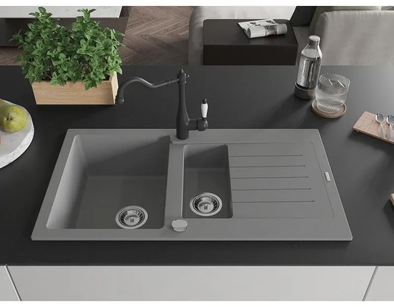 Mexen Matias, granitový drez 900x505x200 mm, 1,5-komorový a drezová batéria Carla, šedá, 6502-71-670700-70