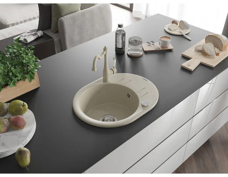 Mexen Kevin, drez granitový 586x458x190 mm, 1-komorový a drezová batéria Carla, béžová, 6517-69-670700-69