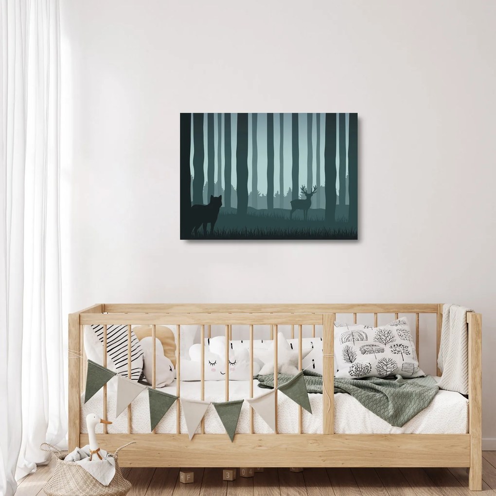 Sklenený obraz - Jeleň s vlkom v skalách (70x50 cm)