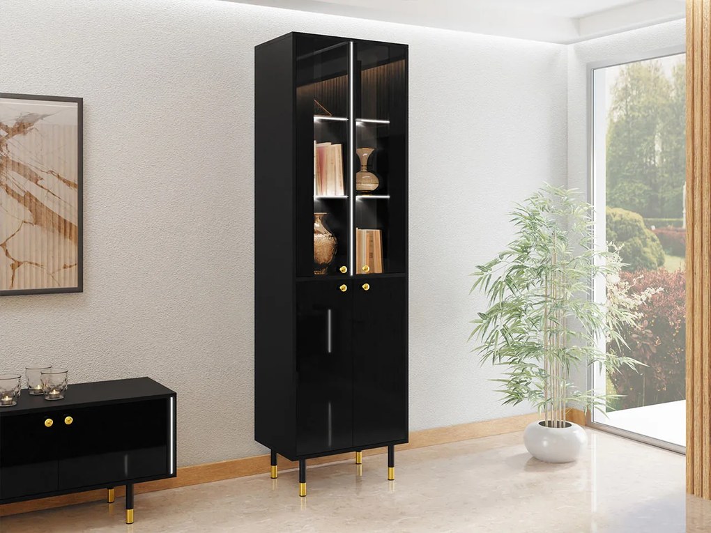 Moderná vitrína Kuba, čierna / čierny lesk + LED