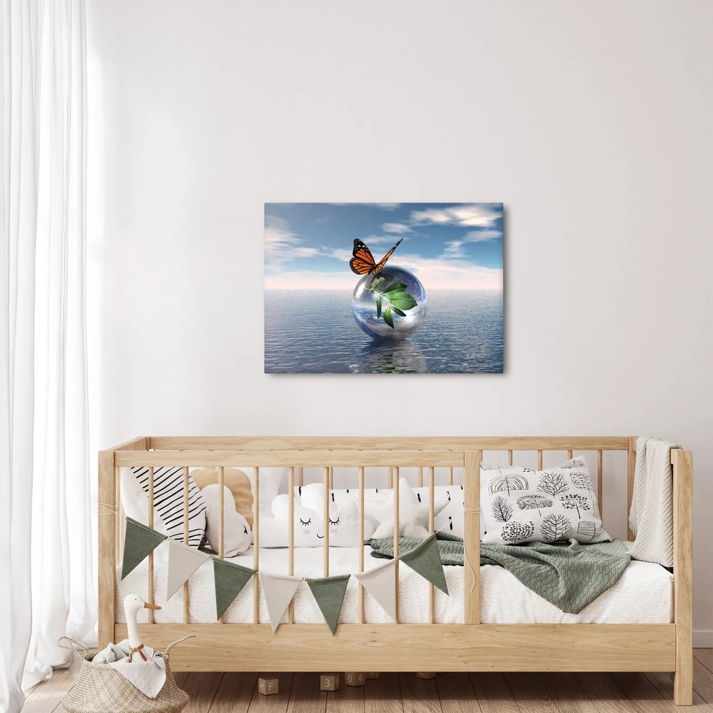 Obraz motýľa na sklenenej guli (70x50 cm)