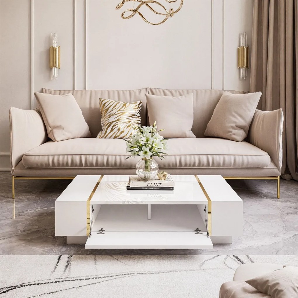 KONFERENČNÝ STOLÍK SANTINO BIELY VYSOKÝ LESK / ZLATÝ