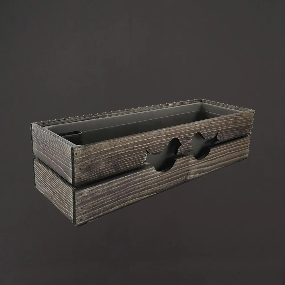 AMADEA Drevený obal na kvetináč tmavý s vtáčikmi, 62x21,5x17cm, český výrobok