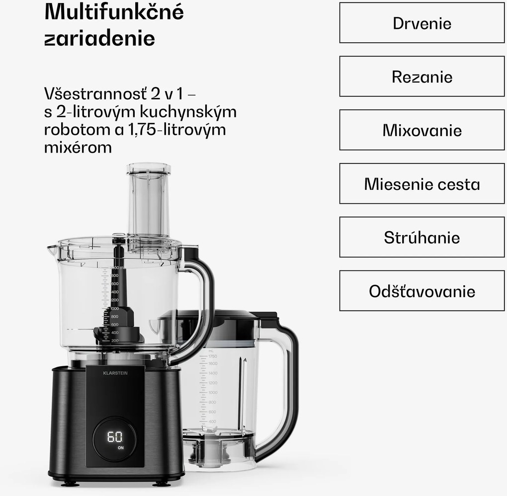 Klarstein Verosteel kuchynský robot s mixérom | miesenie, šľahanie a odšťavovanie | 1200 W | 2 l /1,75 l