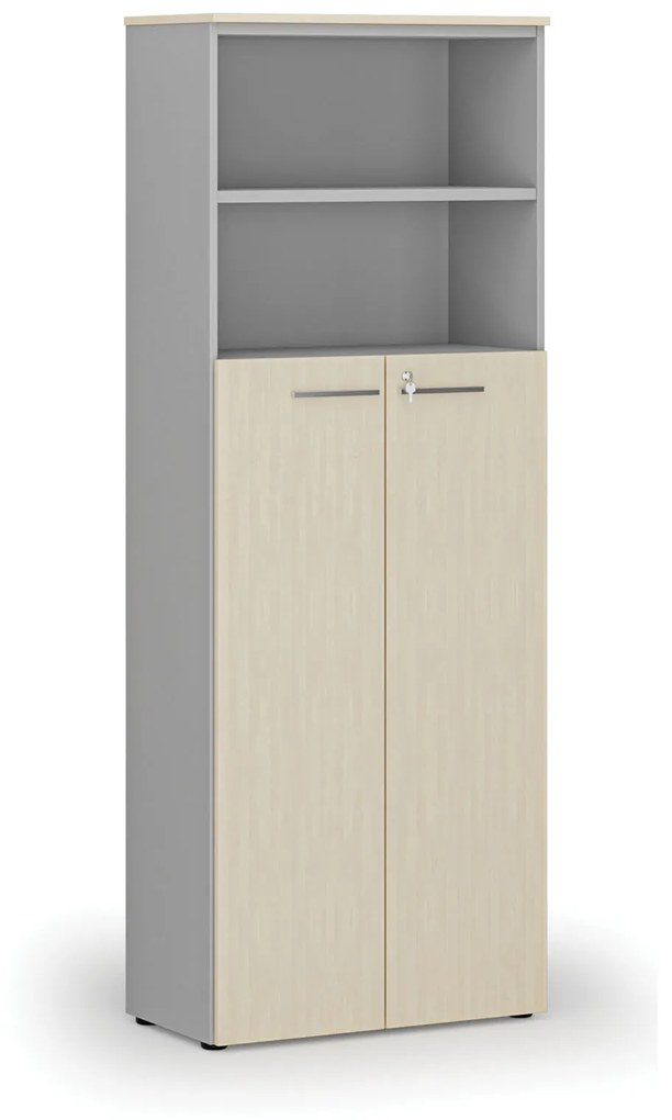 Kombinovaná kancelárska skriňa PRIMO GRAY, dvere na 4 poschodia, 2128 x 800 x 420 mm, sivá/breza