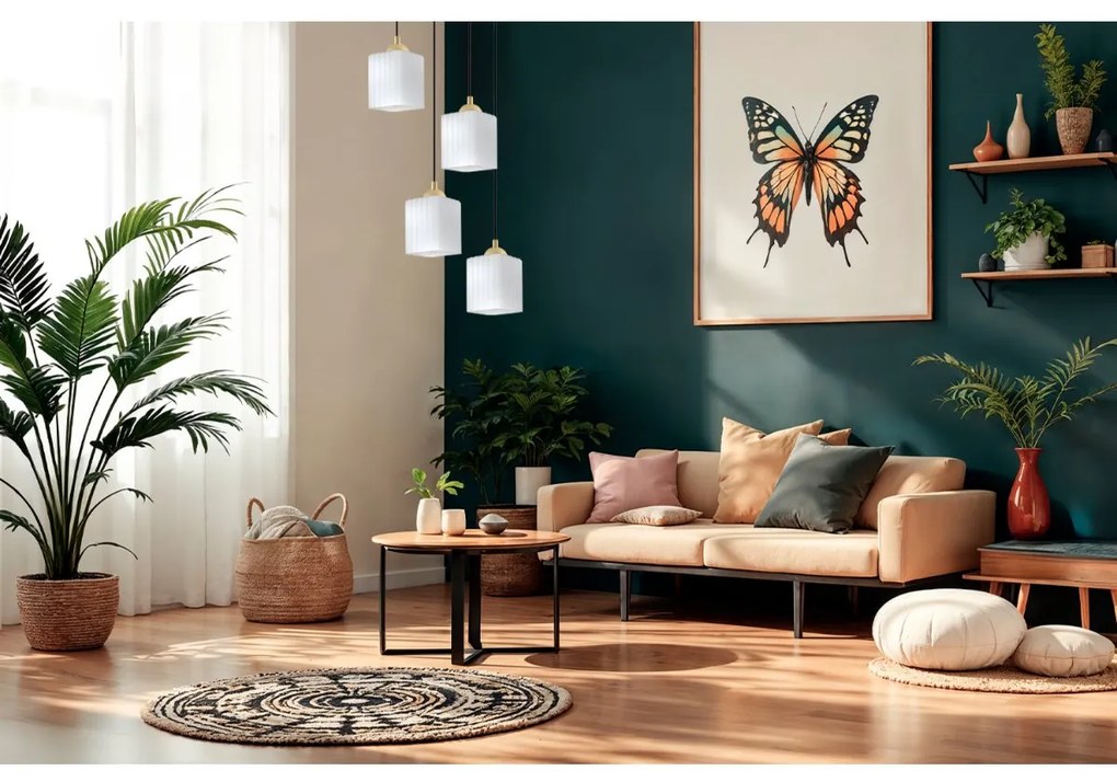 Závesné svietidlo Riffle Square, 4x biele sklenené tienidlo, b/g, o