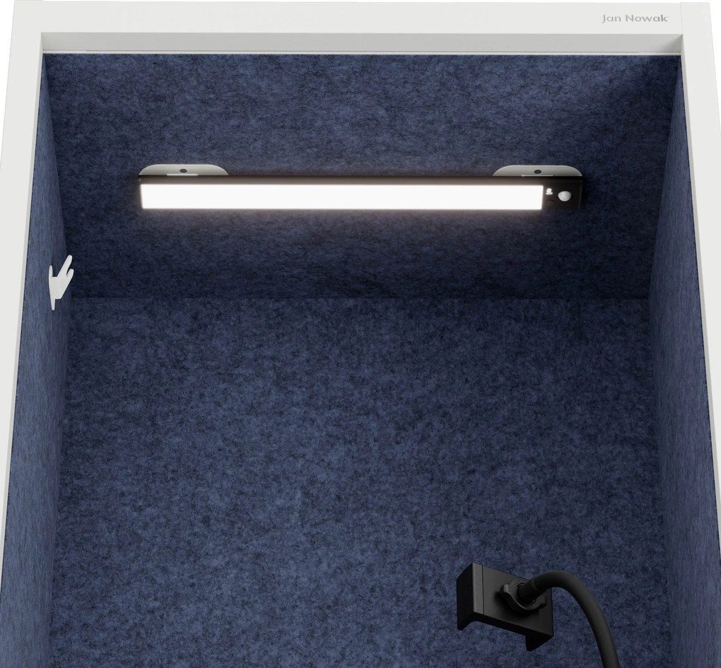 Kancelárska akustická kabína so sedadlom a portom USB-C, telo v biely / sedák tmavomodrá v zelenej farbe, 600 mm: SALLY MentalBox
