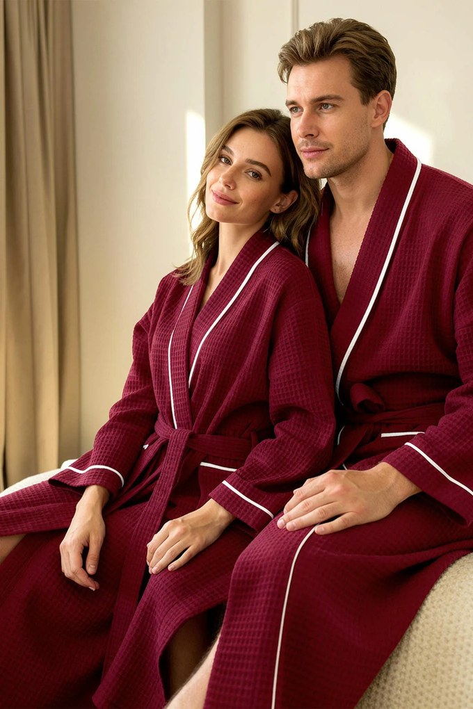 Vaflový župan BURGUND bordový s bielou lemovkou Veľkosť: XXL