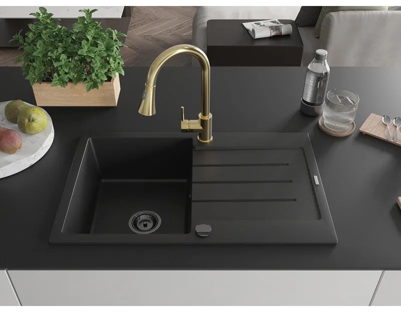 Mexen Bruno, 1-komorový granitový drez 795x495x200 mm a drezová batéria Elia, čierna, 6513-77-670101-50-B