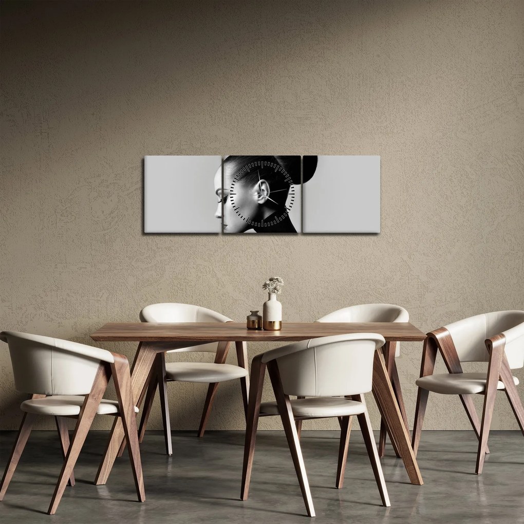 Obraz - Profil krásnej ženy (s hodinami) (90x30 cm)