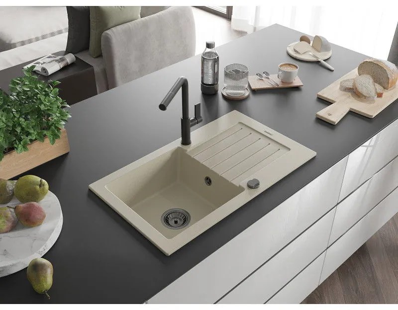 Mexen Pablo, 1-komorový granitový drez 752x436x161 mm a drezová batéria Flora, béžová, 6510-69-670401-70-B