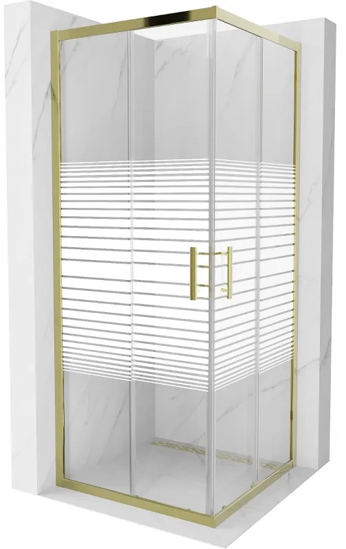 Mexen Rio, štvorcový sprchovací kút s posuvnými dverami 80(dvere) x 80(dvere) x 190 cm, 6mm číre sklo s pásikmi, zlatý profil, 860-080-080-50-20
