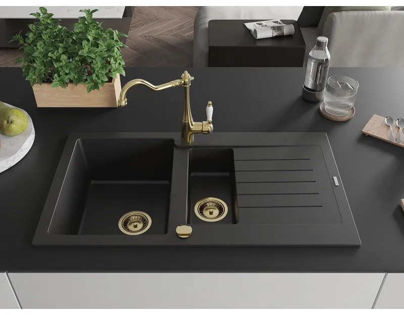 Mexen Matias, granitový drez 900x505x200 mm, 1,5-komorový a drezová batéria Carla, čierna, 6502-77-670700-50