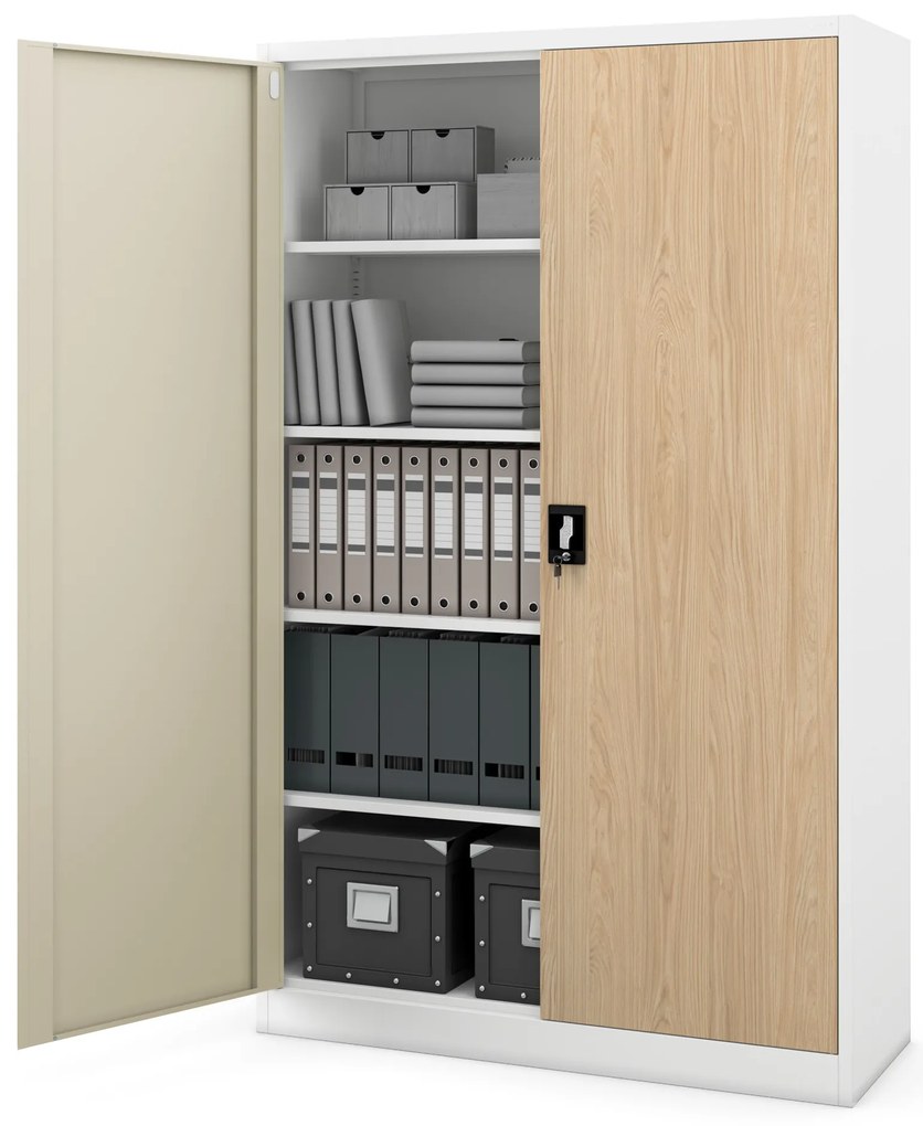 Kancelárska kovová skrinka na dokumenty JAN II, Eco Design: biela/dub sonoma