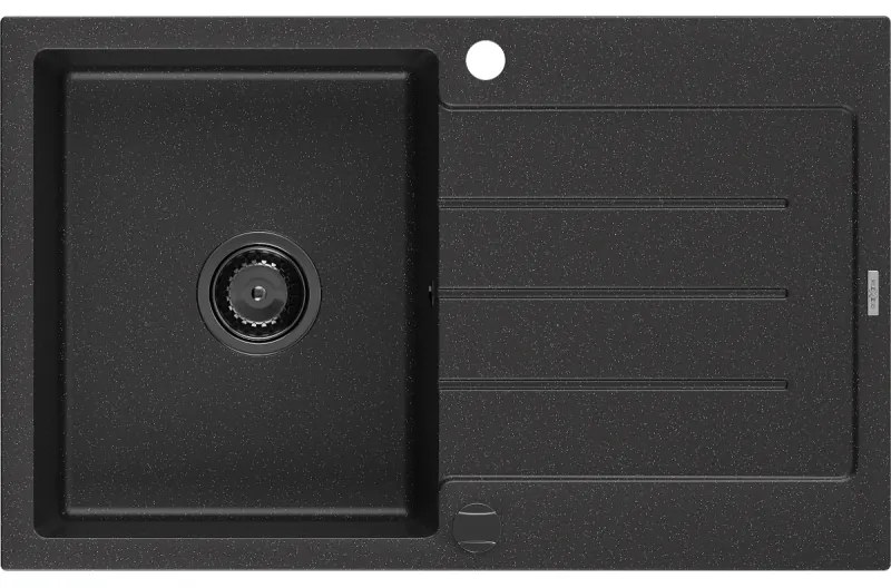 Mexen Bruno, drez granitový 795x495x200 mm, 1-komorový, čierna-strieborná metalíza s čiernym sifónom, 6513791010-73-B