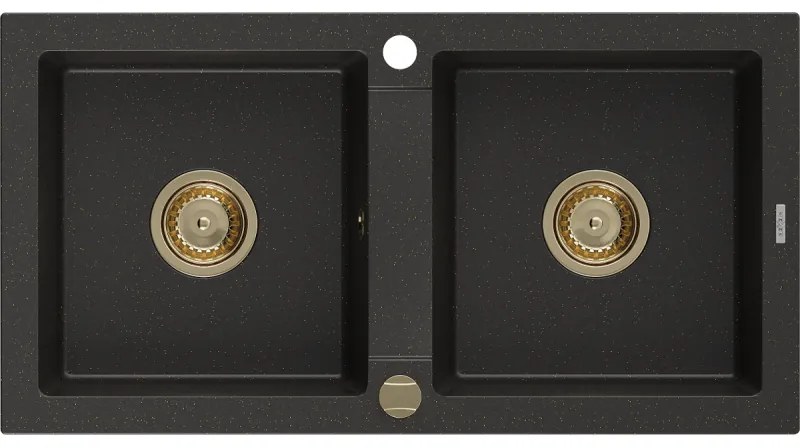 Mexen Mario, granitový drez 820x436x161 mm, 2-komorový, čierna-zlatá metalíza so zlatým sifónom, 6504822000-75-G