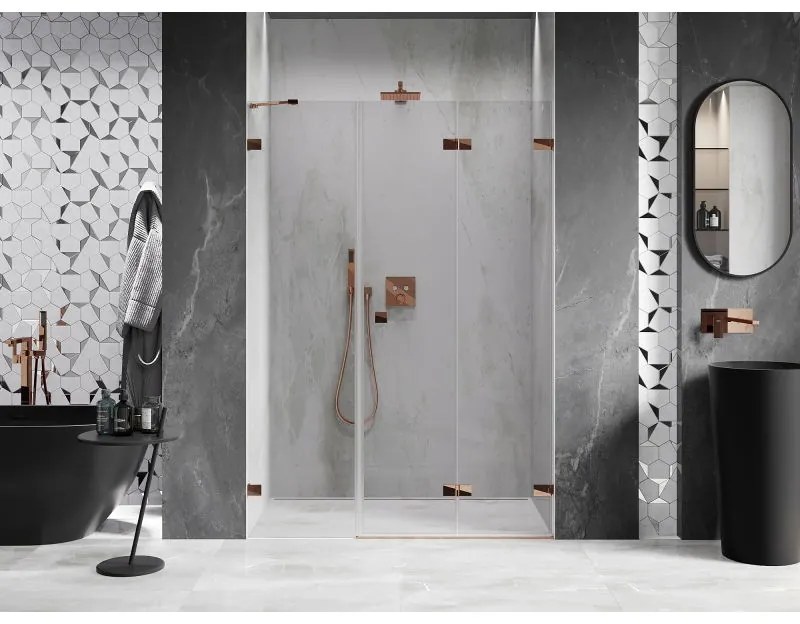 Mexen Lunar-F, pravé sklápacie sprchové dvere 135 cm, 8mm číre sklo, ružové zlato profil, 836S-135-050-60-00-P