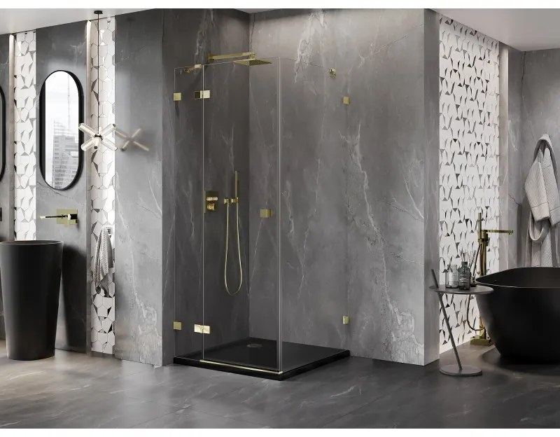 Mexen Lunar, výklopný sprchový kút ľavý 90 x 90 cm, 8mm číre sklo, zlatý profil, 834-090-090-50-00-L