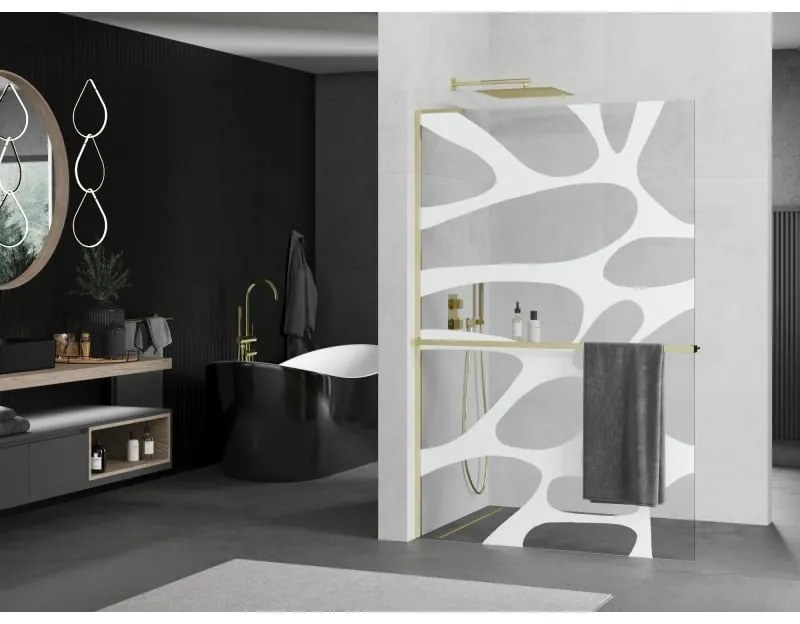 Mexen Kioto+ L, sprchová zástena Walk-In s poličkou a vešiakom 70 x 200 cm, 8mm číre sklo biely vzor, zlatý lesklý profil,800-070-123-50-97