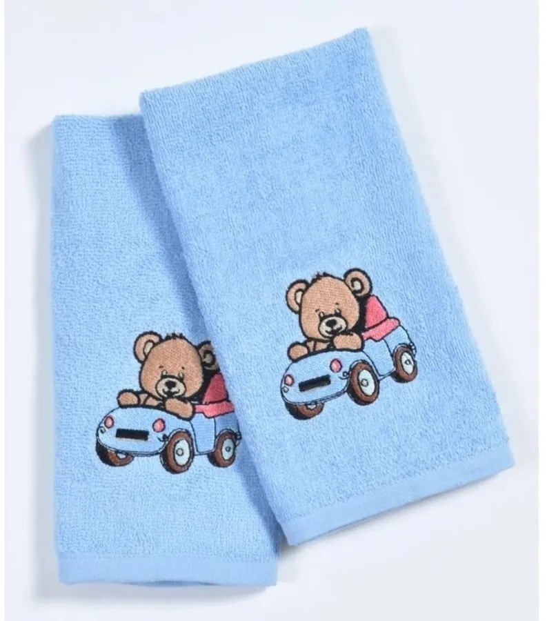 Uterák froté pre deti s výšivkou, macko, modrý, 30 x 50 cm