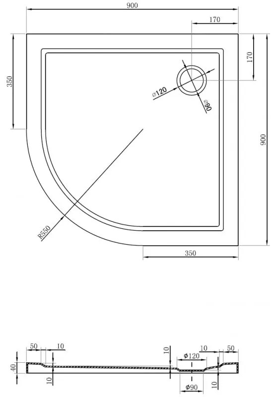 Mexen Flow, štvrťkruhová sprchová vanička slim 90 x 90 cm, čierna matná - 46Q709090