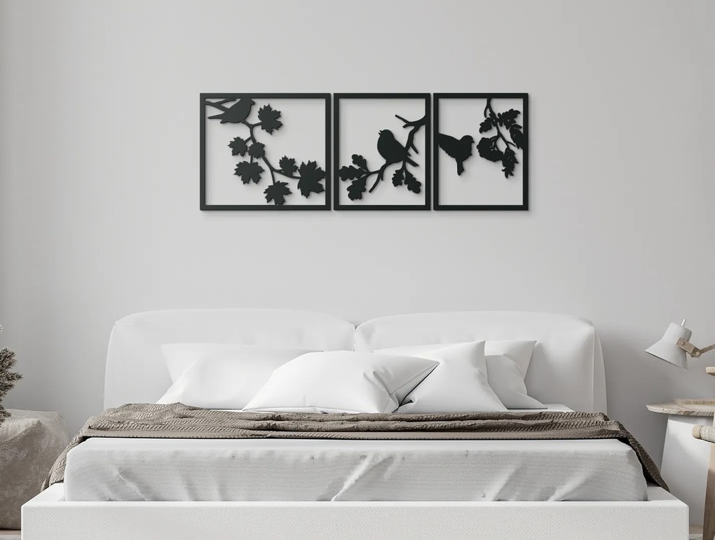 drevko Viacdielny obraz Vtáčí triptych Rozmer obrazu: 22,5 x 65 cm, Farba dekorácie: Čierna