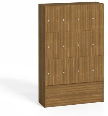 Drevená odkladacia skrinka s úložnými boxami, 12 boxov, 1700 x 1200 x 420 mm, cylindrický zámok, orech