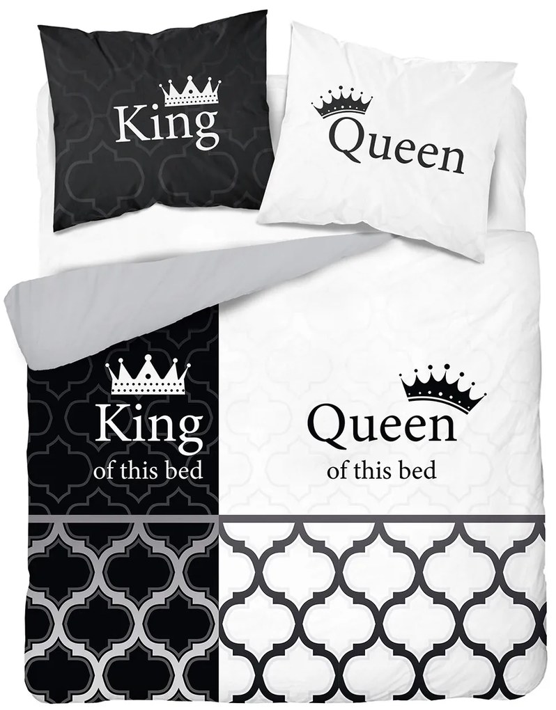 DomTextilu Čiernobiele posteľné obliečky s nápismi King & Queen 3 časti: 1ks 200x220 + 2ks 70 cmx80 Biela 42828-201068