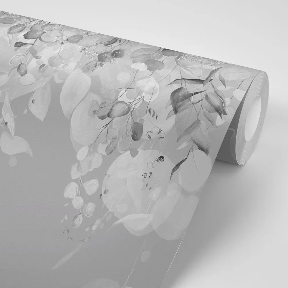 Samolepiaca tapeta jemné listy v šedom šate - 300x200