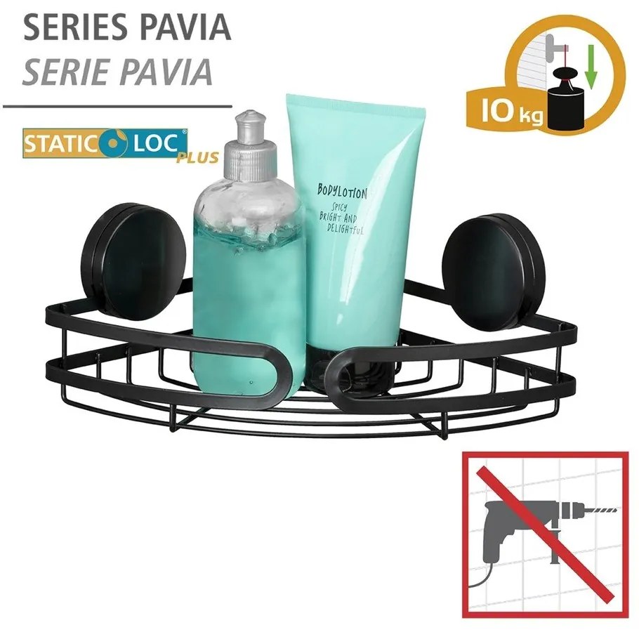 Čierna rohová polica do kúpeľne Wenko Static-Loc® Pavia, šírka 27 cm