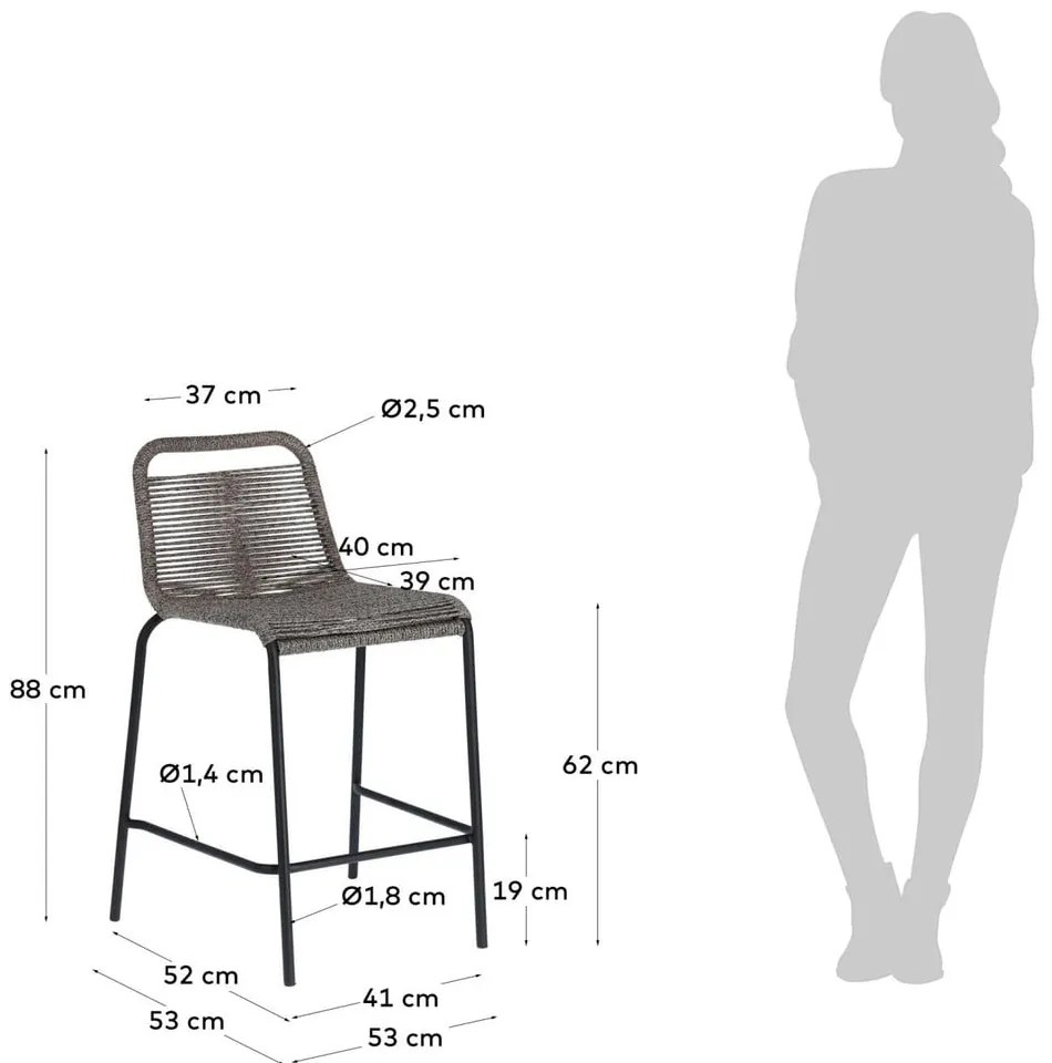 Sivá barová stolička s oceľovou konštrukciou Kave Home Glenville, výška 62 cm