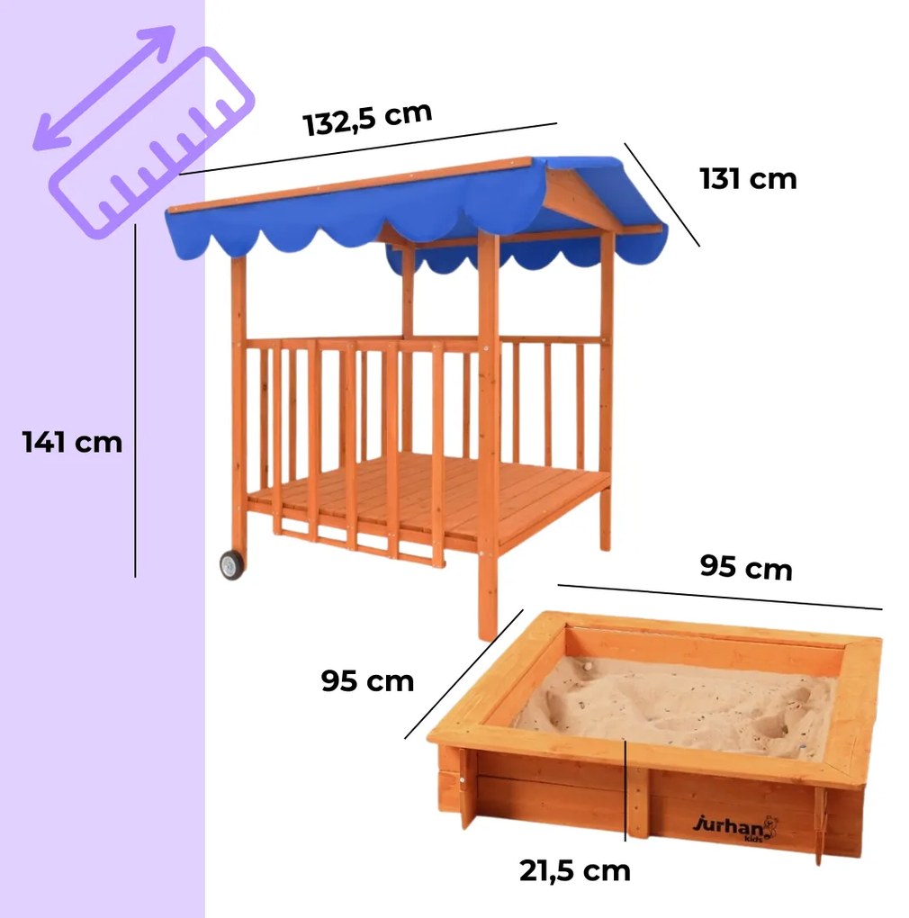 Pieskovisko s verandou HAPPY, 130x130x143 cm, hnedá/modrá Jurhan