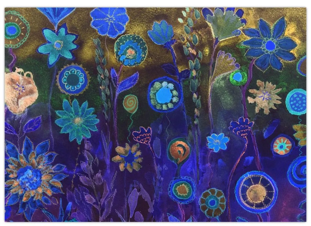Sklenený obraz tmavomodrých kvetov (70x50 cm)