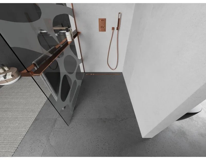 Mexen Kioto+ L, sprchová zástena Walk-In s poličkou a vešiakom 120 x 200 cm, 8mm číre sklo biely vzor, ružové zlato profil, 800-120-123-60-97