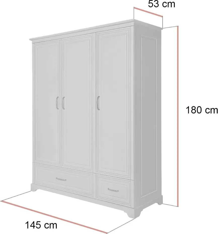 TROJDVEROVÁ ŠATNÍKOVÁ SKRIŇA TOSCANA BIELA DO DETSKEJ IZBY 145 cm