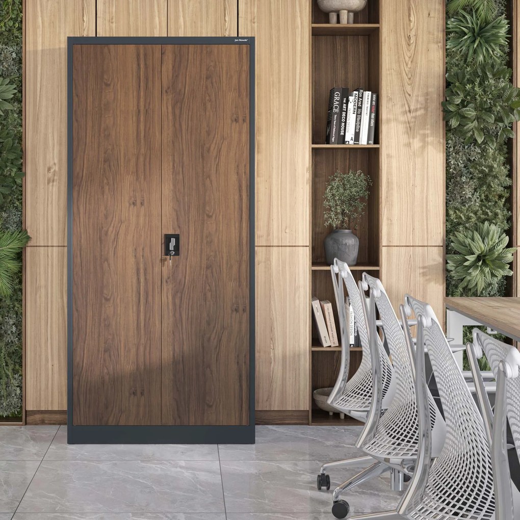 Vysoká kovová kancelárska skriňa na dokumenty, antracitová/orech, 900x1950x400 mm: JAN H Eco Design