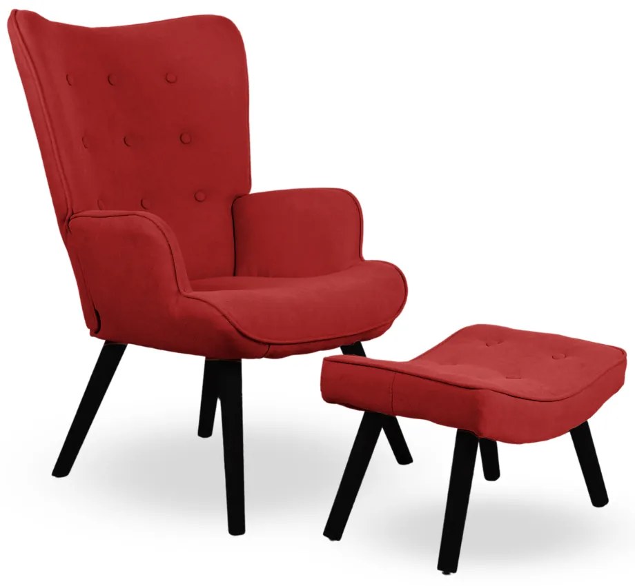 Kreslo ušiak CORDU + taburet — masív, látka, čierna / červená