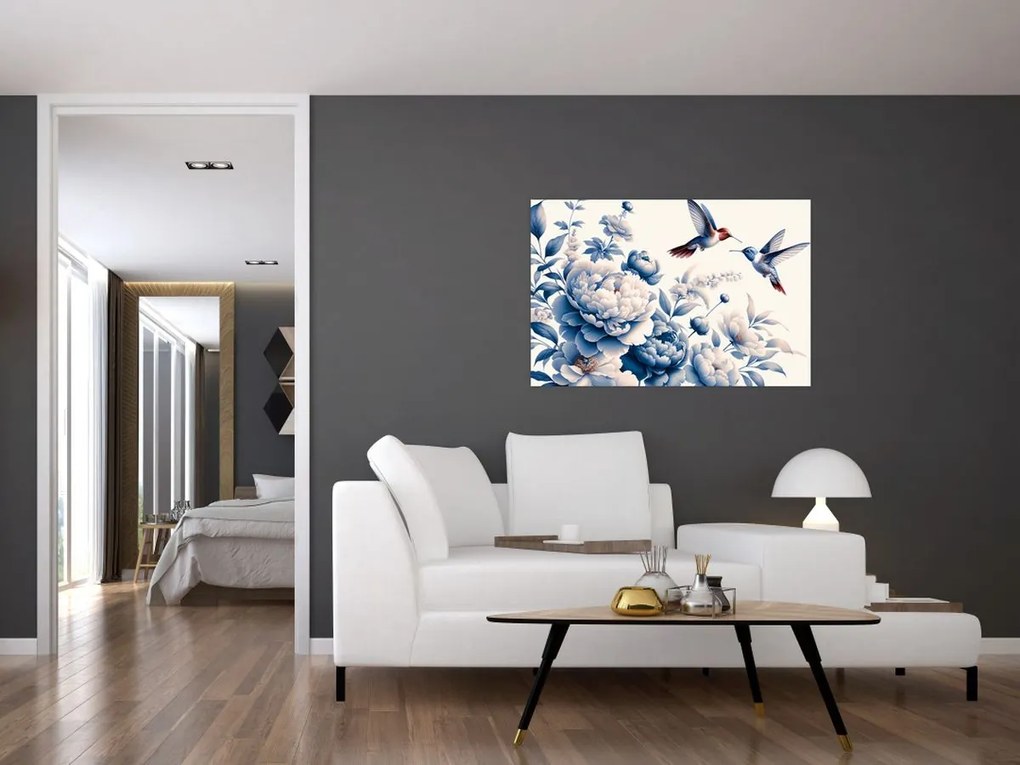 Obraz - Kolibríky nad kvetinou (90x60 cm)