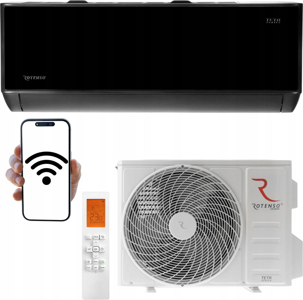 Domáci klimatizátor Rotenso Teta Mirror Čierny 2,6 kW 30 m2 WiFi Ohrievač