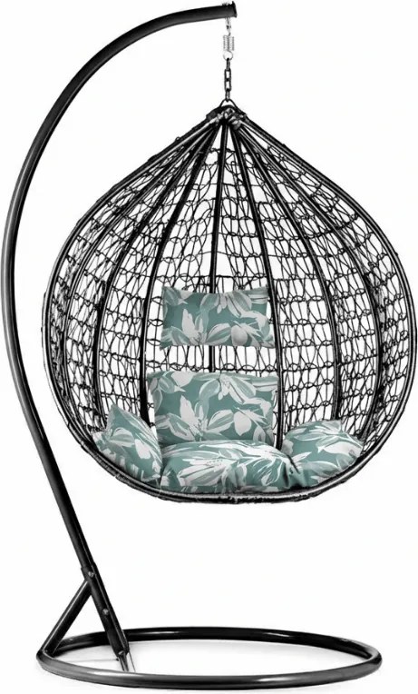 Čierne závesné kreslo KOKON so stojanom, zeleno-biely vankúš
