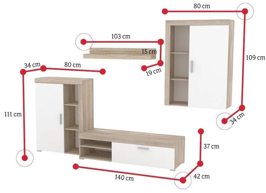 Obývacia stena LENA, 270x197x34-42 cm, dub sonoma/biely