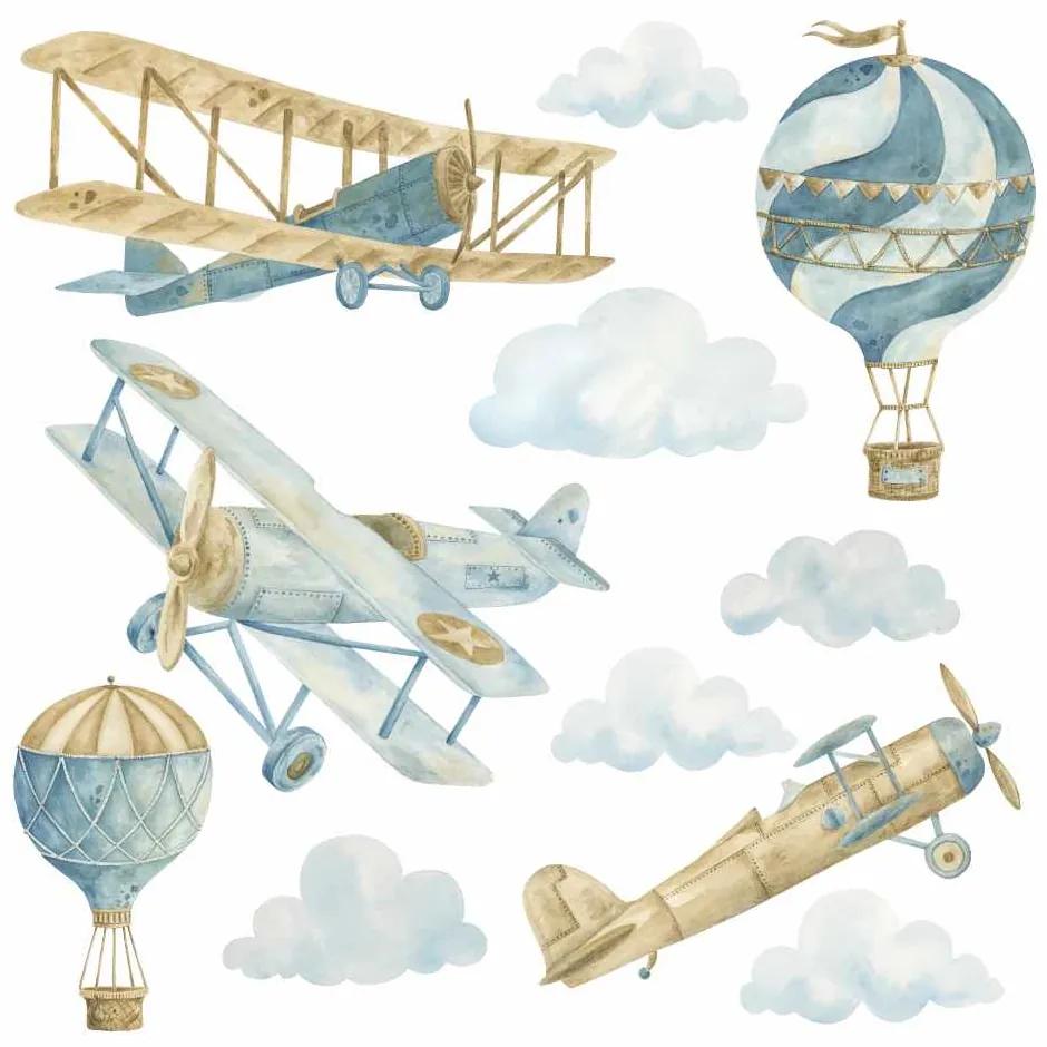 Gario Detská nálepka na stenu Retro balloons and airplanes - oblaky, tri lietadlá a dva balóny