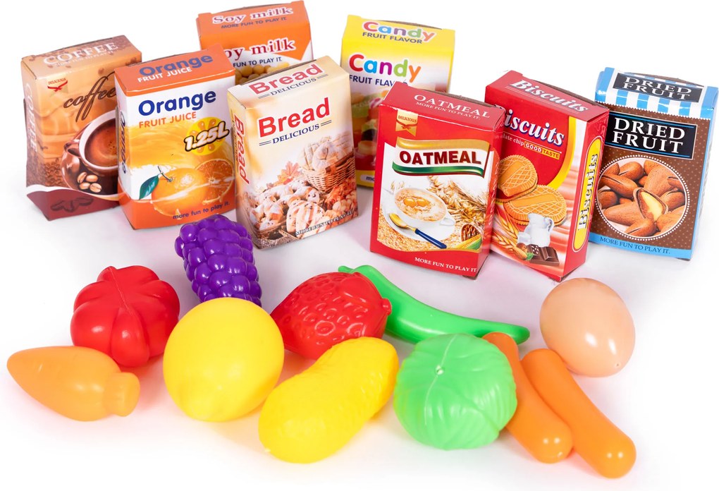 Detský nákupný vozík s 18 potravinami – hračka pre deti 3+, ružový