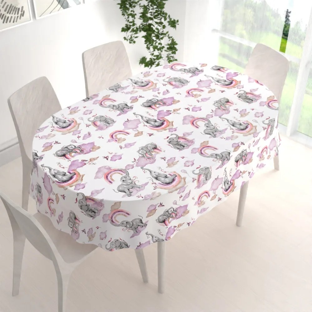 Biante Detský bavlnený oválny obrus Sandra SA-464 Slony s fialovou dúhou na bielom 50x100 cm