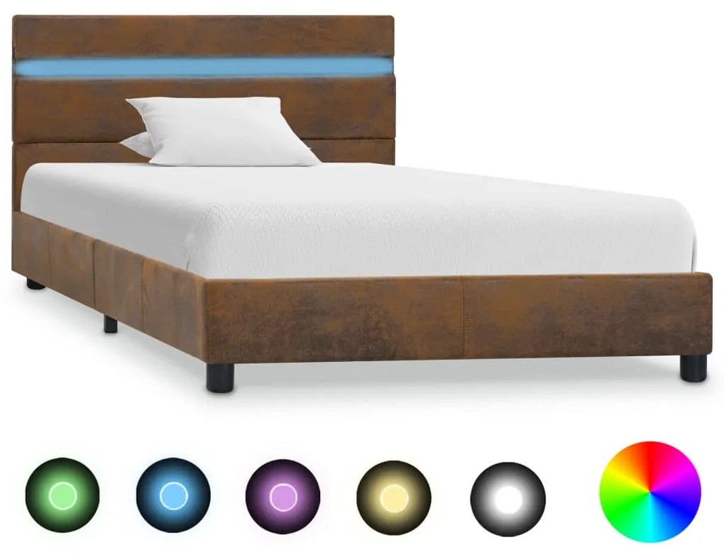 vidaXL Posteľný rám s LED hnedý 90x200 cm látkový