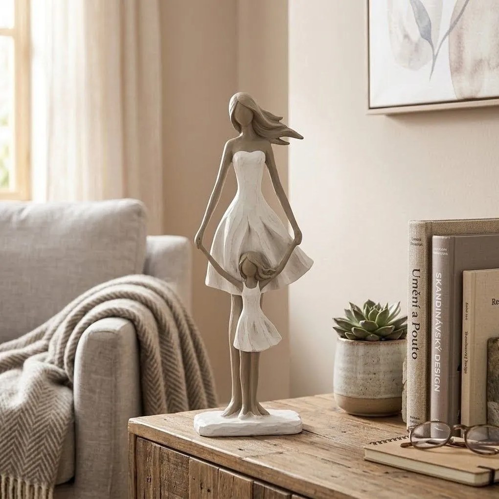 Bielo-taupe dekorácia matka a dcéra - 15*10*45 cm