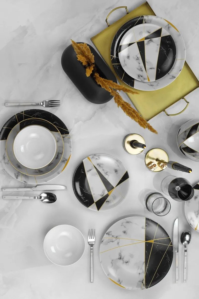 Porcelánová sada 24 ks talířů Glamour černá/bílá/zlatá